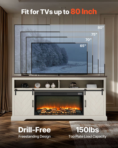 VEVOR Fireplace TV Stand, Farmhouse Fireplace TV Stand for TVs up to 80 inch, Farmhouse Entertainment Center with 36 inch Fireplace & LED Lights, Electric Fireplaces for Living Room Bedroom, White - BLDSJNSF70CDYQZB3001V1 - view 3