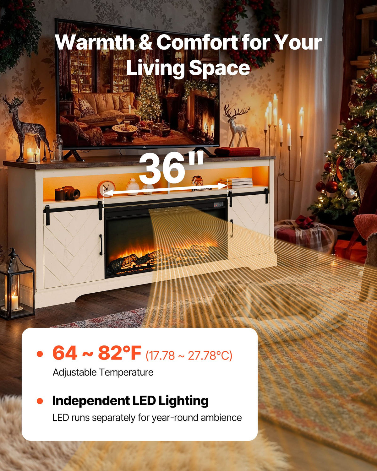 VEVOR Fireplace TV Stand, Farmhouse Fireplace TV Stand for TVs up to 80 inch, Farmhouse Entertainment Center with 36 inch Fireplace & LED Lights, Electric Fireplaces for Living Room Bedroom, White - BLDSJNSF70CDYQZB3001V1 - view 4