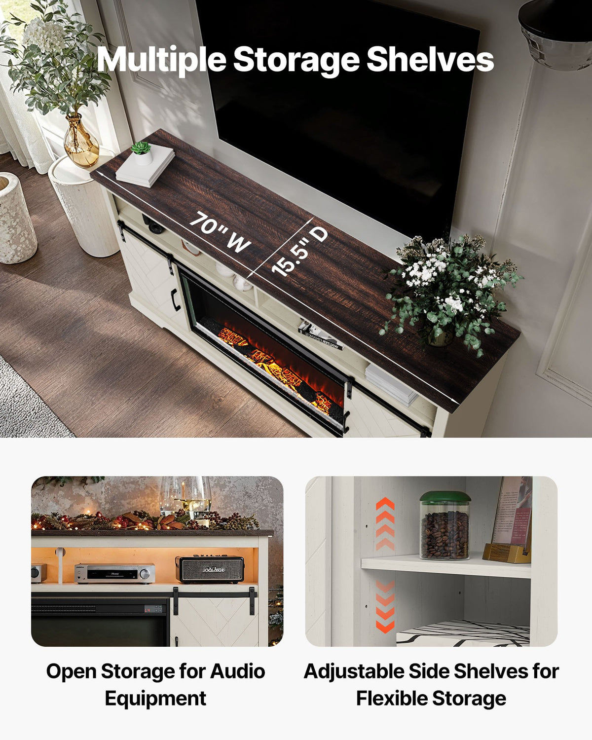 VEVOR Fireplace TV Stand, Farmhouse Fireplace TV Stand for TVs up to 80 inch, Farmhouse Entertainment Center with 36 inch Fireplace & LED Lights, Electric Fireplaces for Living Room Bedroom, White - BLDSJNSF70CDYQZB3001V1 - view 5