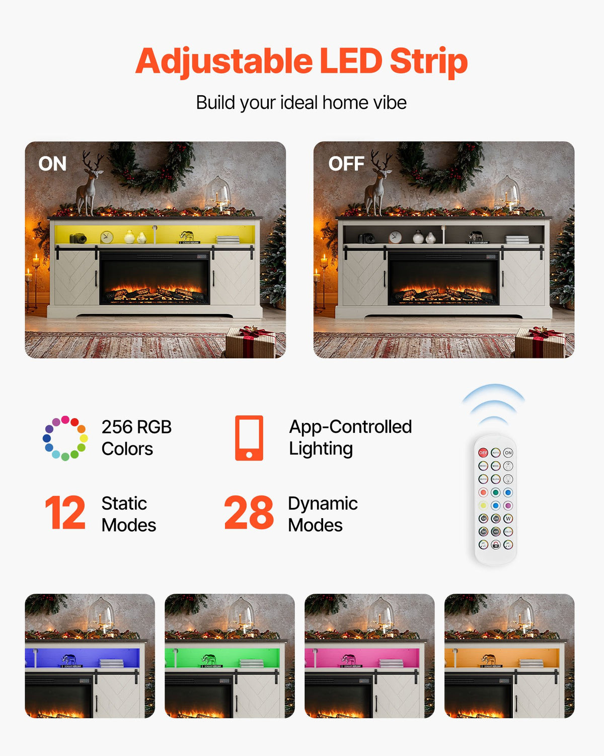 VEVOR Fireplace TV Stand, Farmhouse Fireplace TV Stand for TVs up to 80 inch, Farmhouse Entertainment Center with 36 inch Fireplace & LED Lights, Electric Fireplaces for Living Room Bedroom, White - BLDSJNSF70CDYQZB3001V1 - view 7