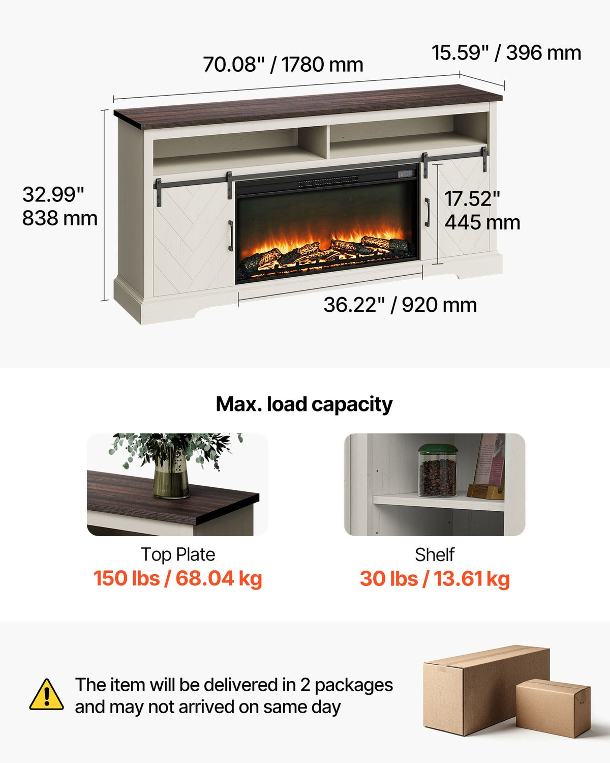 VEVOR Fireplace TV Stand, Farmhouse Fireplace TV Stand for TVs up to 80 inch, Farmhouse Entertainment Center with 36 inch Fireplace & LED Lights, Electric Fireplaces for Living Room Bedroom, White - BLDSJNSF70CDYQZB3001V1 - view 8