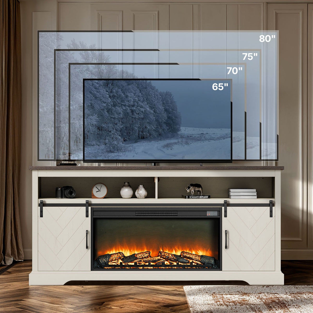VEVOR Fireplace TV Stand, Farmhouse Fireplace TV Stand for TVs up to 80 inch, Farmhouse Entertainment Center with 36 inch Fireplace & LED Lights, Electric Fireplaces for Living Room Bedroom, White - BLDSJNSF70CDYQZB3001V1 - view 9