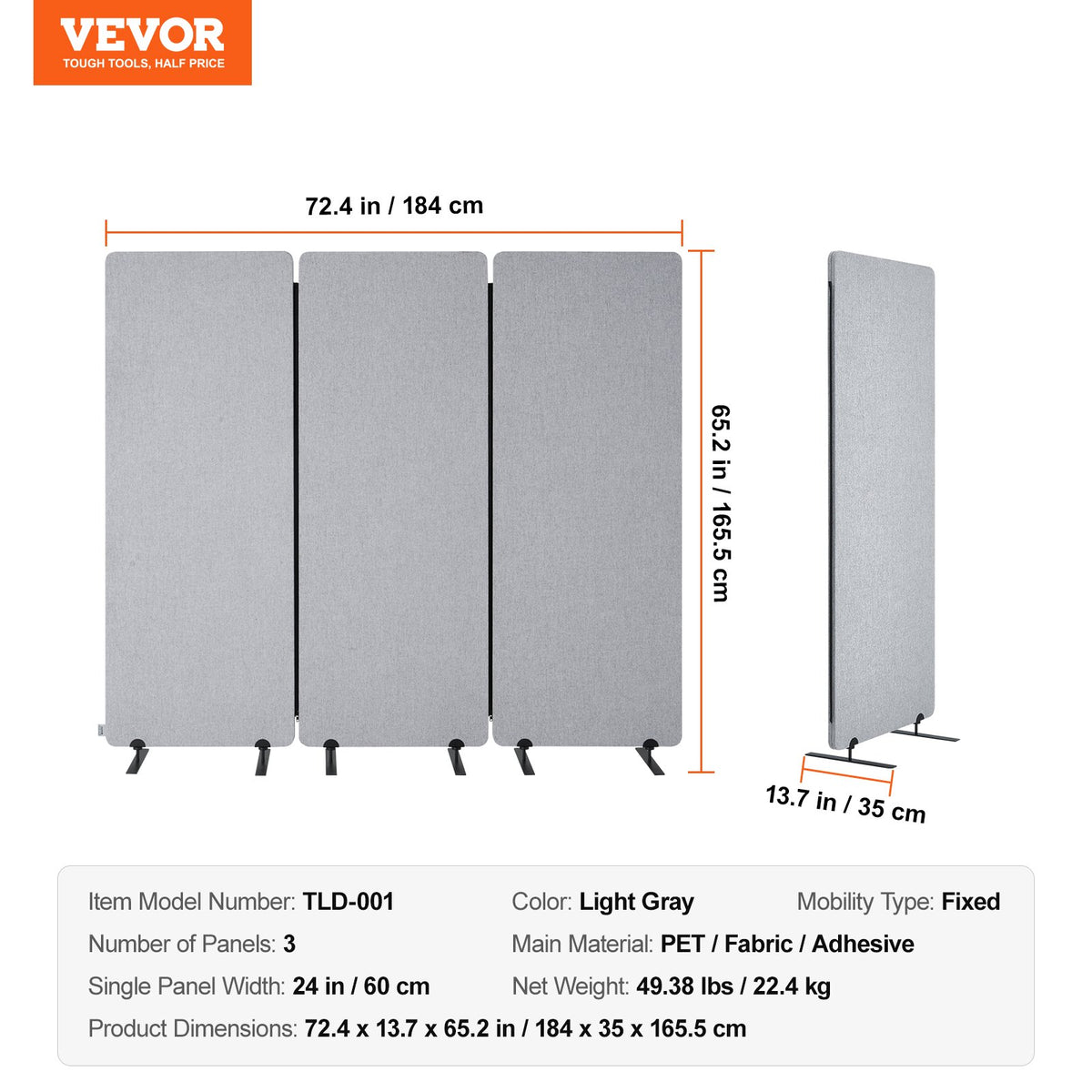 VEVOR 2FT Room Divider, 3 Panel PET Polyester Soundproof Room Screen, Folding Privacy Divider Portable Partition Divider for Room Separation, Freestanding Room Partitions for Office Study, Grey - BLFWFGQ3MB24LHWZRV0 - view 8