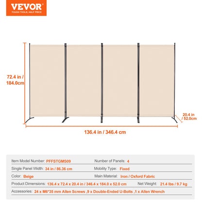 VEVOR Room Divider, 4 Panel Room Divider, Folding Privacy Screen and Portable Partition Divider for Room Separation, Freestanding Room Partitions for Office, Bedroom, Study, Beige - BLFWFGQ4MB348QKQ9V0 - view 8