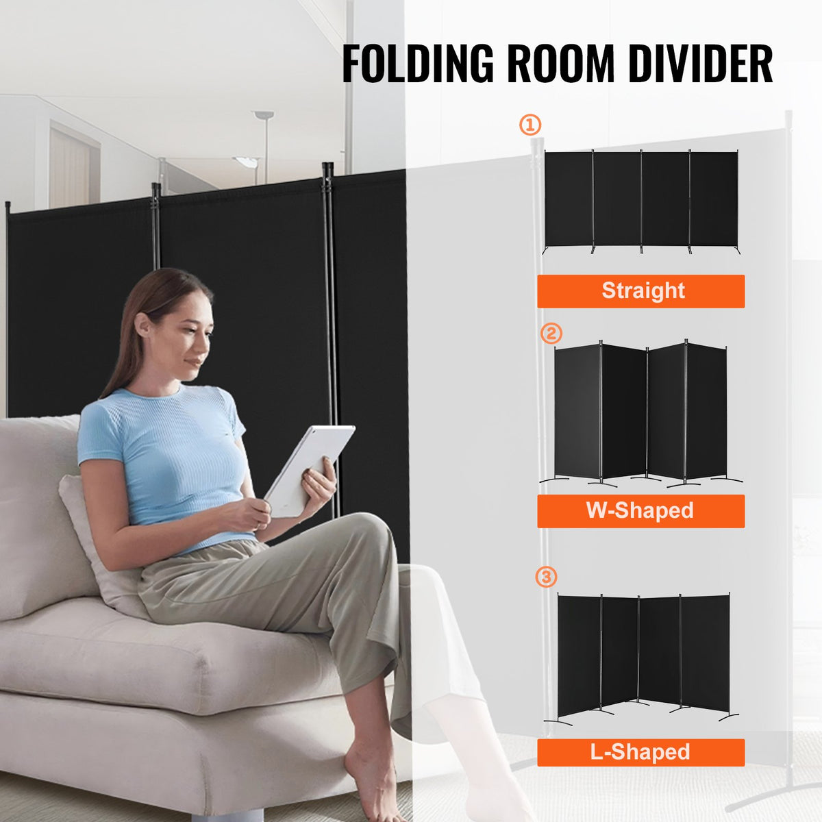 VEVOR Room Divider, 4 Panel Room Divider, Folding Privacy Screen and Portable Partition Divider for Room Separation, Freestanding Room Partitions for Office, Bedroom, Study, Black - BLFWFGQ4MB34BMP7JV0 - view 6