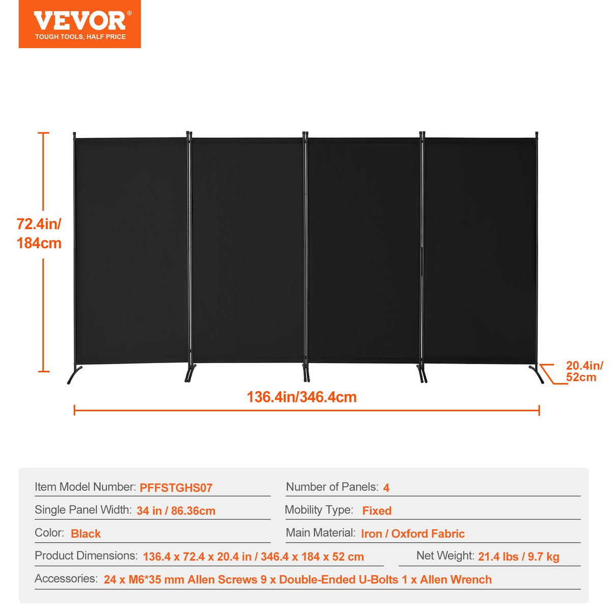 VEVOR Room Divider, 4 Panel Room Divider, Folding Privacy Screen and Portable Partition Divider for Room Separation, Freestanding Room Partitions for Office, Bedroom, Study, Black - BLFWFGQ4MB34BMP7JV0 - view 8