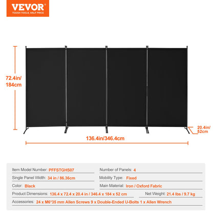 VEVOR Room Divider, 4 Panel Room Divider, Folding Privacy Screen and Portable Partition Divider for Room Separation, Freestanding Room Partitions for Office, Bedroom, Study, Black - BLFWFGQ4MB34BMP7JV0 - view 8