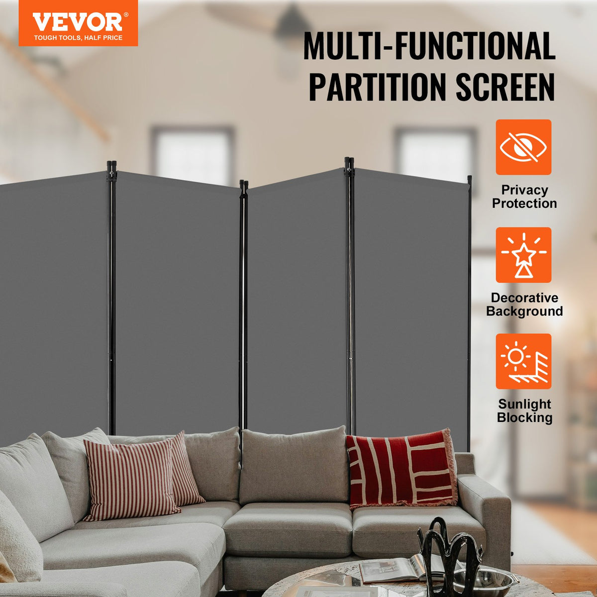 VEVOR Room Divider, 4 Panels Room Divider, Folding Privacy Screen and Portable Partition Divider for Room Separation, Freestanding Room Partitions for Office, Bedroom, Study, Grey - BLFWFGQ4MB34GAOCTV0 - view 3