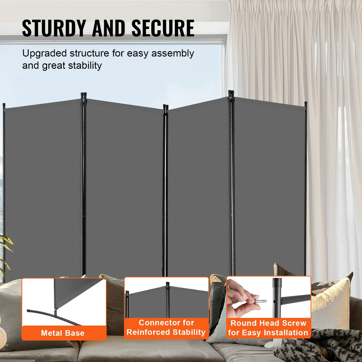 VEVOR Room Divider, 4 Panels Room Divider, Folding Privacy Screen and Portable Partition Divider for Room Separation, Freestanding Room Partitions for Office, Bedroom, Study, Grey - BLFWFGQ4MB34GAOCTV0 - view 5