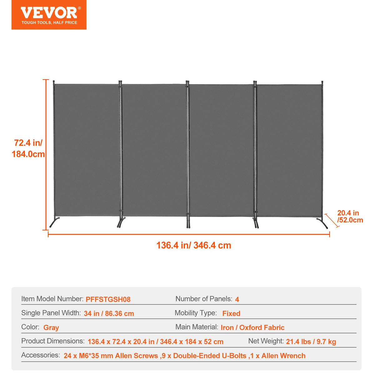VEVOR Room Divider, 4 Panels Room Divider, Folding Privacy Screen and Portable Partition Divider for Room Separation, Freestanding Room Partitions for Office, Bedroom, Study, Grey - BLFWFGQ4MB34GAOCTV0 - view 8
