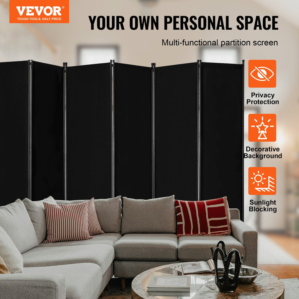VEVOR Room Divider, 6 Panel Room Divider, Folding Privacy Screen and Portable Partition Divider for Room Separation, Freestanding Room Partitions for Office, Bedroom, Study, Black - BLFWFGQ6MB22N6CD6V0 - view 3