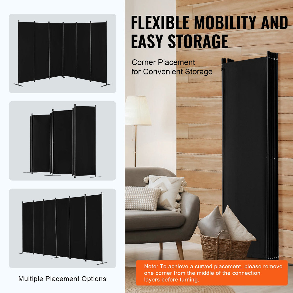 VEVOR Room Divider, 6 Panel Room Divider, Folding Privacy Screen and Portable Partition Divider for Room Separation, Freestanding Room Partitions for Office, Bedroom, Study, Black - BLFWFGQ6MB22N6CD6V0 - view 6