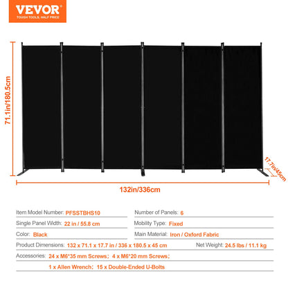 VEVOR Room Divider, 6 Panel Room Divider, Folding Privacy Screen and Portable Partition Divider for Room Separation, Freestanding Room Partitions for Office, Bedroom, Study, Black - BLFWFGQ6MB22N6CD6V0 - view 8