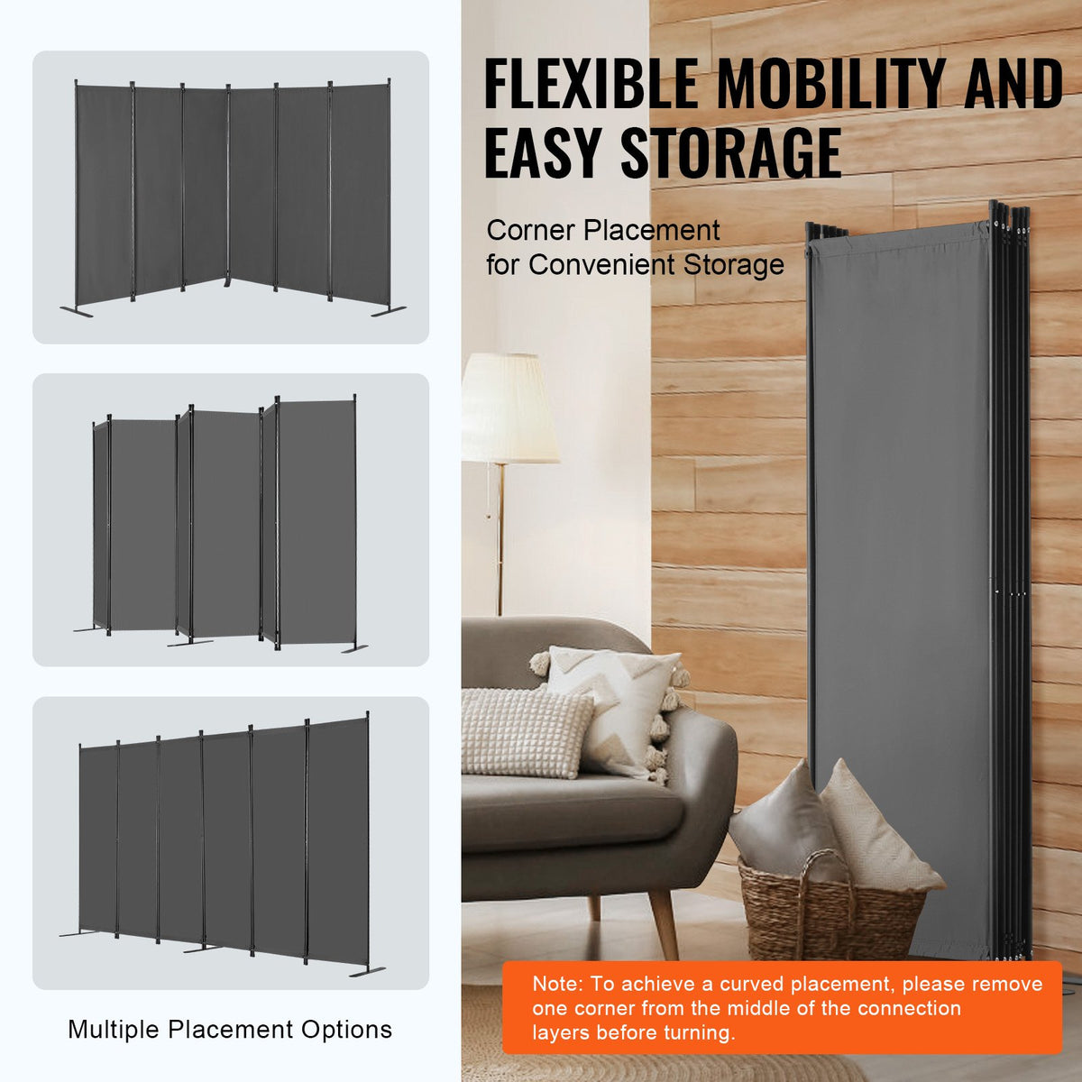 VEVOR Room Divider, 6 Panel Room Divider, Folding Privacy Screen and Portable Partition Divider for Room Separation, Freestanding Room Partitions for Office, Bedroom, Study, Grey - BLFWFGQ6MB22OTQ1RV0 - view 6