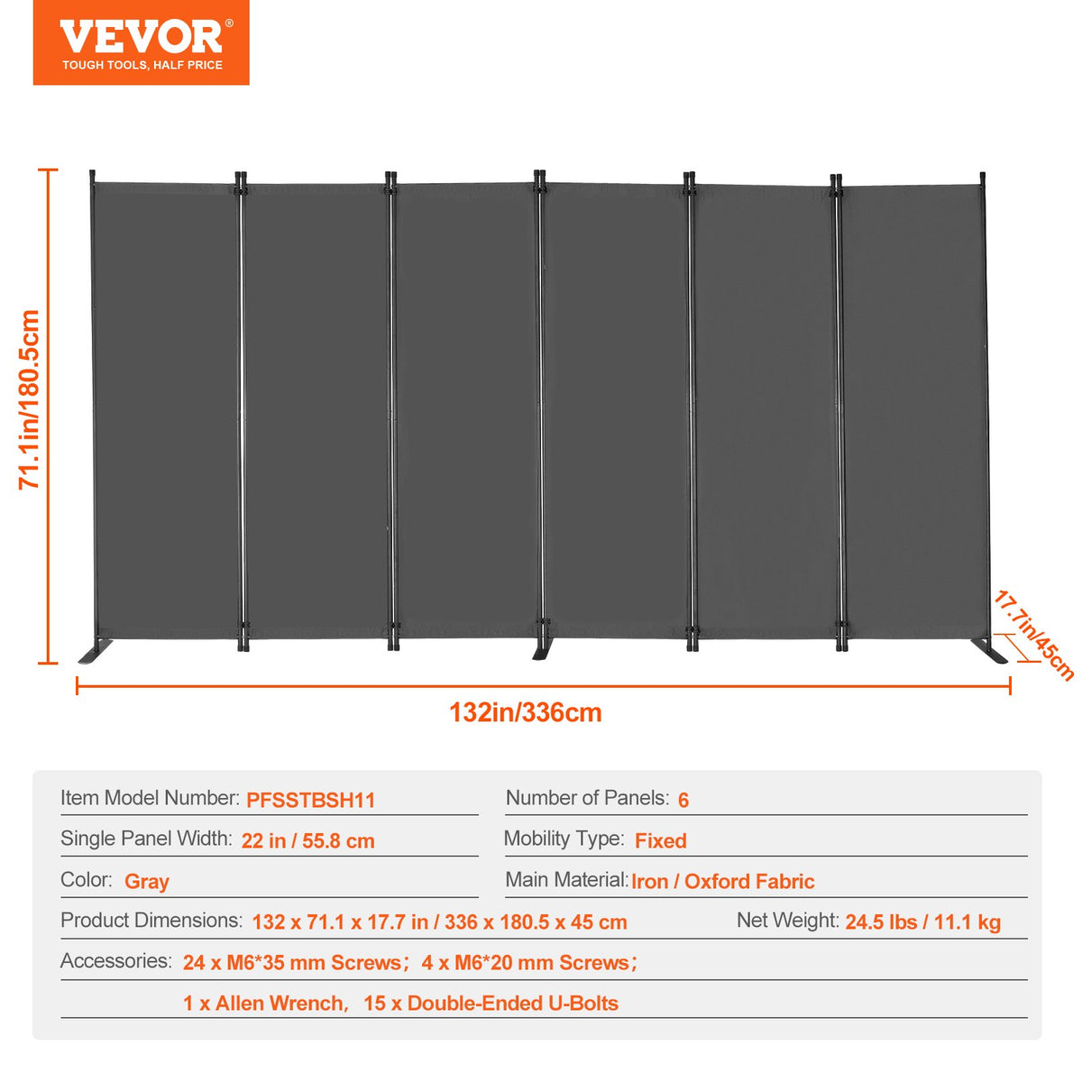 VEVOR Room Divider, 6 Panel Room Divider, Folding Privacy Screen and Portable Partition Divider for Room Separation, Freestanding Room Partitions for Office, Bedroom, Study, Grey - BLFWFGQ6MB22OTQ1RV0 - view 8