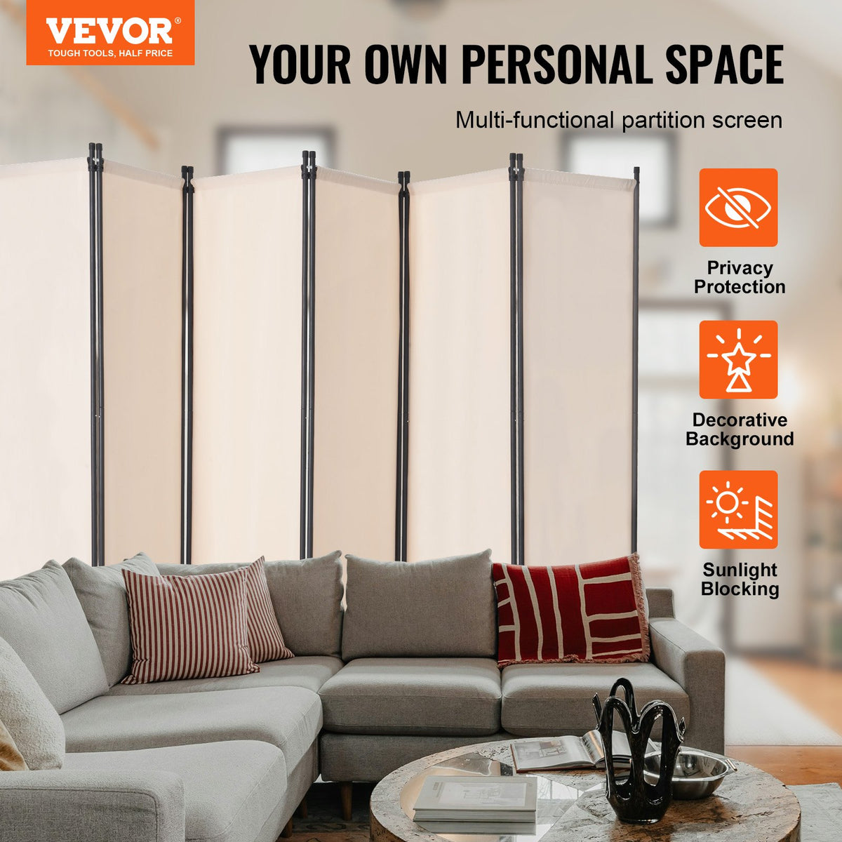 VEVOR Room Divider, 6 Panel Room Divider, Folding Privacy Screen and Portable Partition Divider for Room Separation, Freestanding Room Partitions for Office, Bedroom, Study, Beige - BLFWFGQ6MB22SD7SBV0 - view 3