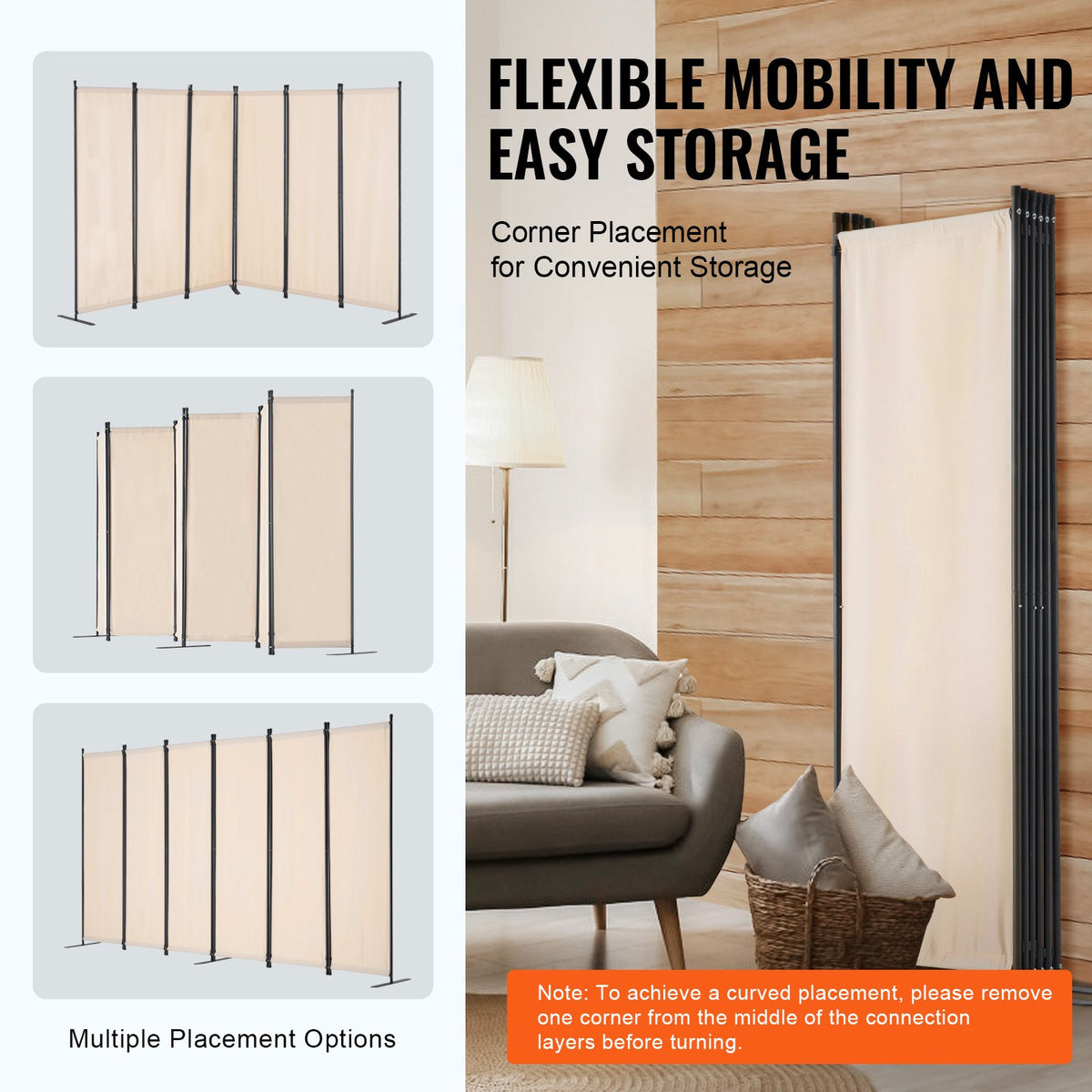 VEVOR Room Divider, 6 Panel Room Divider, Folding Privacy Screen and Portable Partition Divider for Room Separation, Freestanding Room Partitions for Office, Bedroom, Study, Beige - BLFWFGQ6MB22SD7SBV0 - view 6
