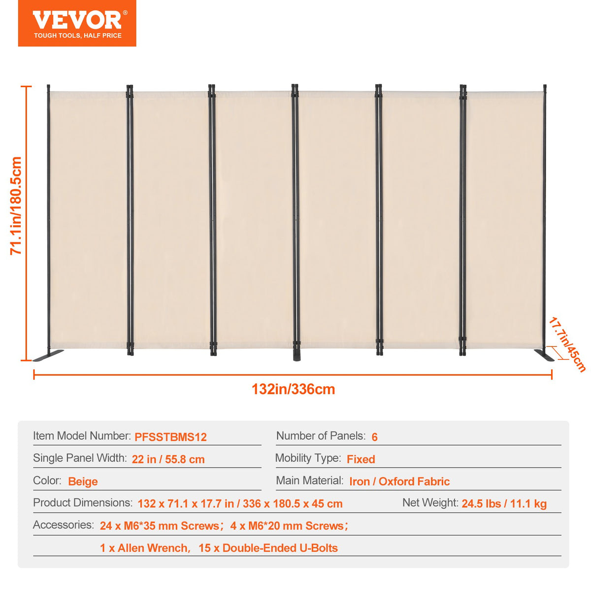 VEVOR Room Divider, 6 Panel Room Divider, Folding Privacy Screen and Portable Partition Divider for Room Separation, Freestanding Room Partitions for Office, Bedroom, Study, Beige - BLFWFGQ6MB22SD7SBV0 - view 8