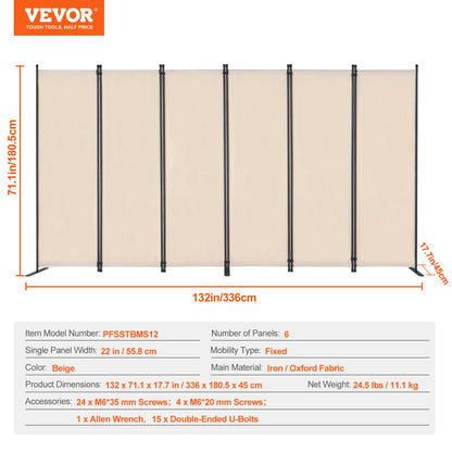 VEVOR Room Divider, 6 Panel Room Divider, Folding Privacy Screen and Portable Partition Divider for Room Separation, Freestanding Room Partitions for Office, Bedroom, Study, Beige - BLFWFGQ6MB22SD7SBV0 - view 8