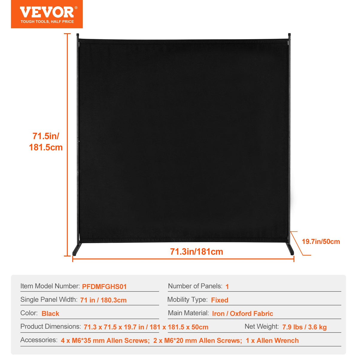 VEVOR Room Divider, Single Panel Room Divider, 6FT Privacy Screen Indoor, Partition Divider for Room Separation, Freestanding Room Divider Panel for Office, Bedroom, Black - BLFWFGQDMB71UFFM0V0 - view 8
