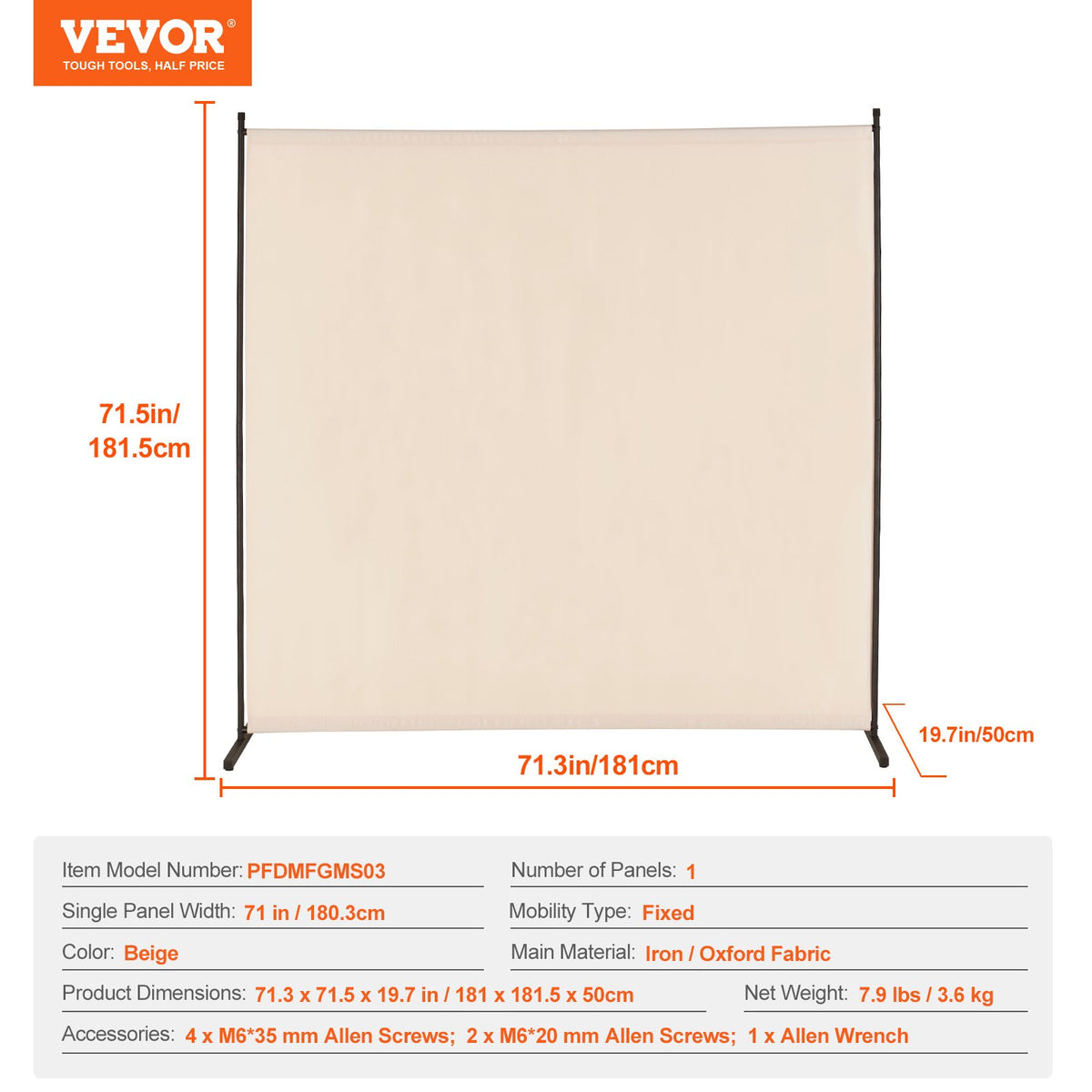VEVOR Room Divider, Single Panel Room Divider, 6FT Privacy Screen Indoor, Partition Divider for Room Separation, Freestanding Room Divider Panel for Office, Bedroom, Beige - BLFWFGQDMB71XCNBQV0 - view 8