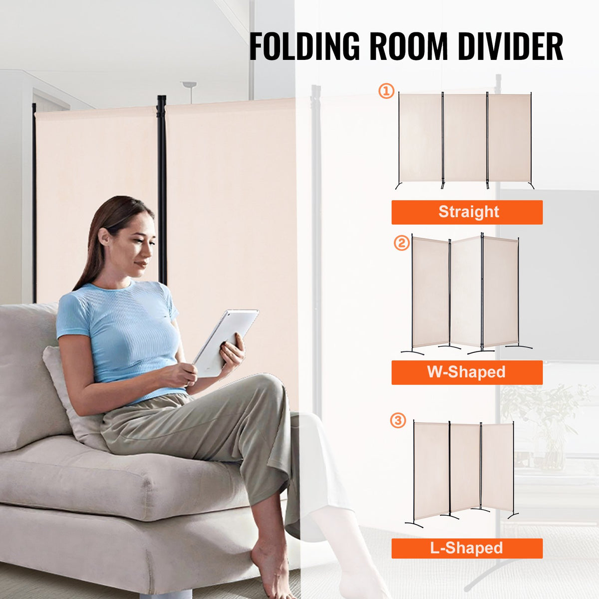 VEVOR Room Divider, 3 Panel Room Divider, Folding Privacy Screen and Portable Partition Divider for Room Separation, Freestanding Room Partitions for Office, Bedroom, Study, Beige - BLFWFGQSMB34AANASV0 - view 6