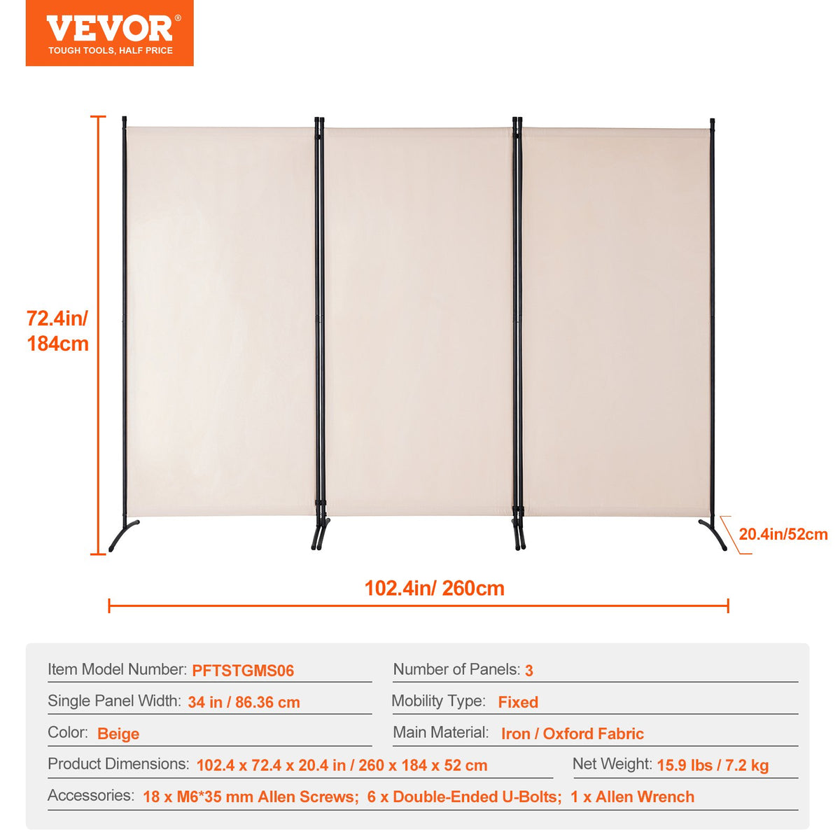 VEVOR Room Divider, 3 Panel Room Divider, Folding Privacy Screen and Portable Partition Divider for Room Separation, Freestanding Room Partitions for Office, Bedroom, Study, Beige - BLFWFGQSMB34AANASV0 - view 8