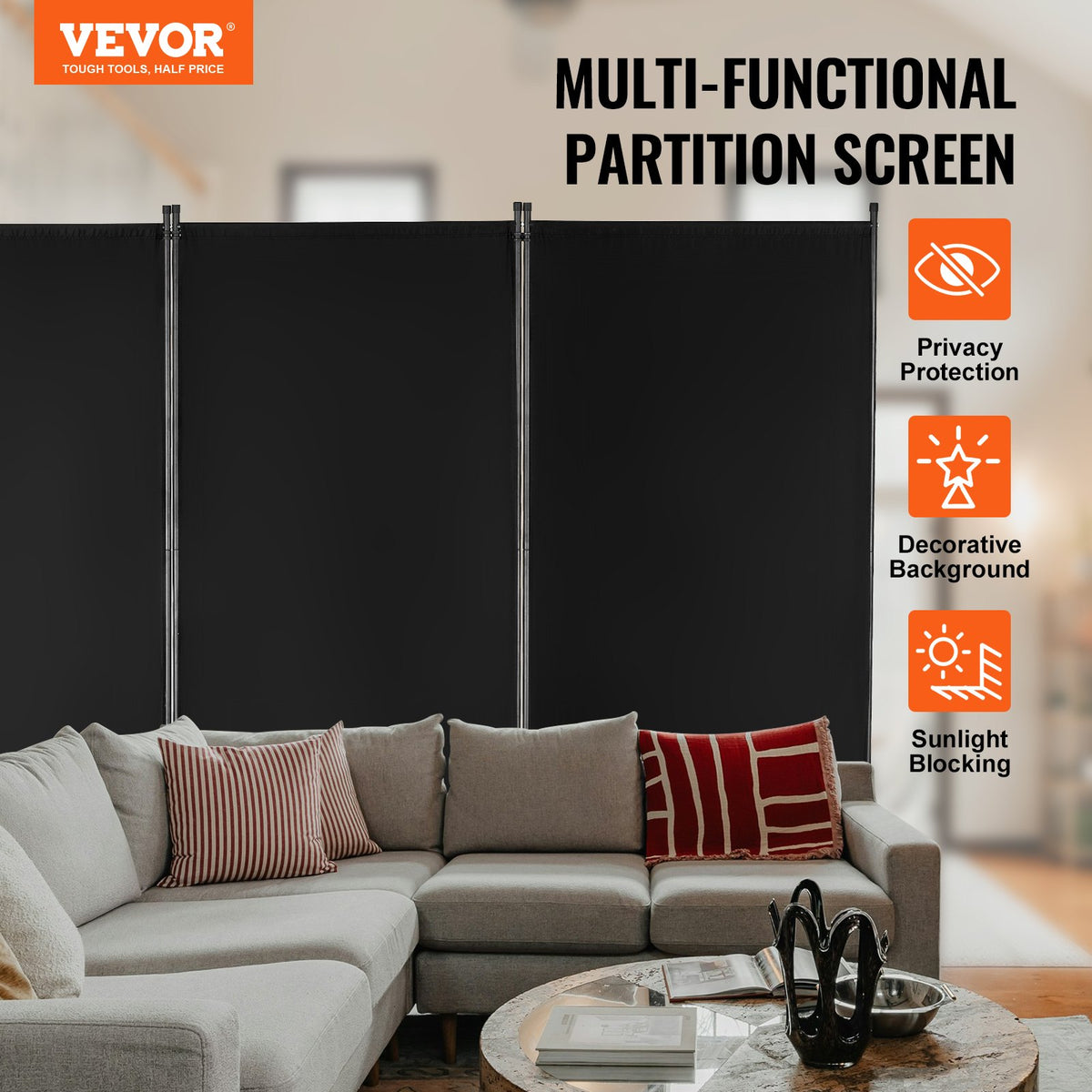 VEVOR Room Divider, 3 Panel Room Divider, Folding Privacy Screen and Portable Partition Divider for Room Separation, Freestanding Room Partitions for Office, Bedroom, Study, Black - BLFWFGQSMB34DAB0VV0 - view 3