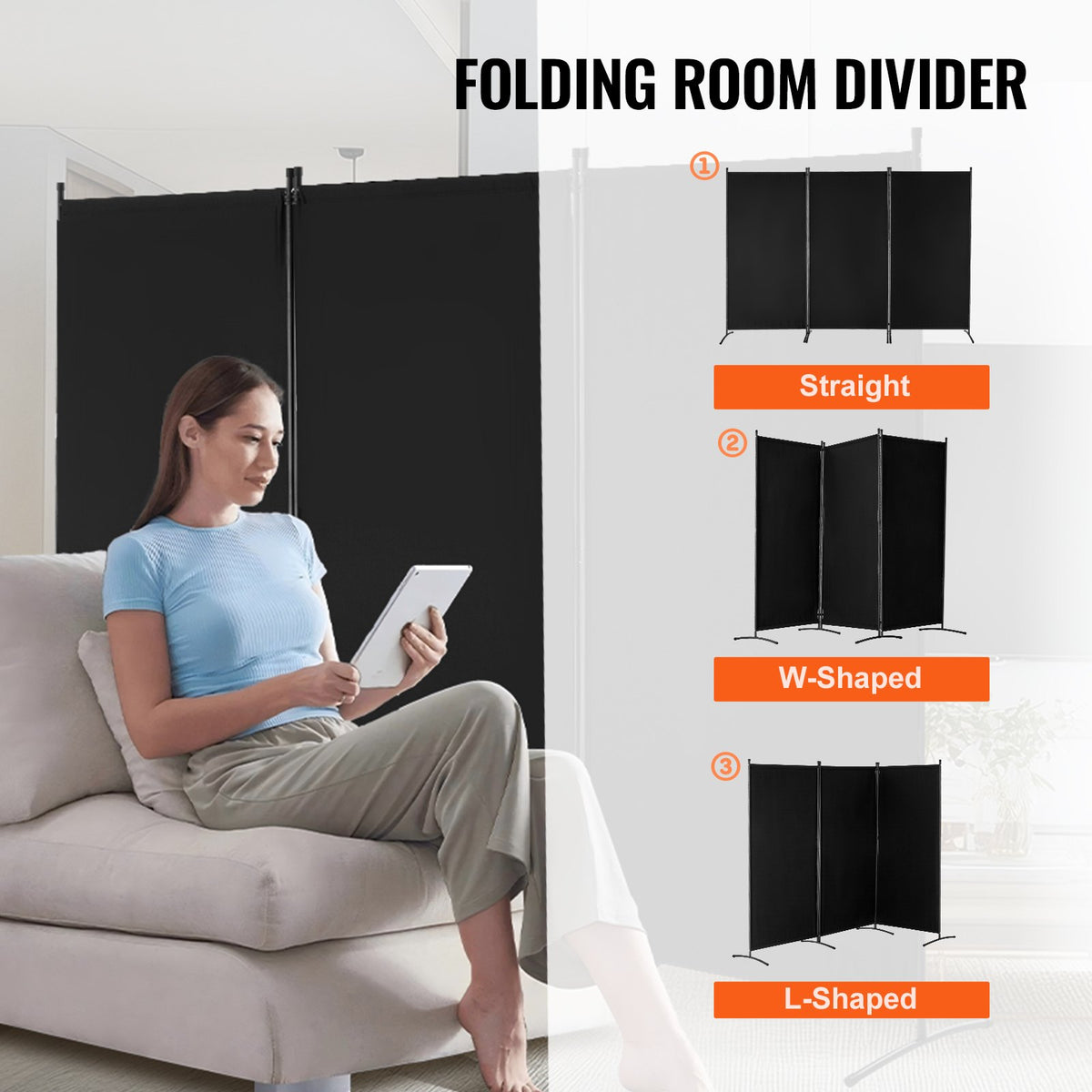 VEVOR Room Divider, 3 Panel Room Divider, Folding Privacy Screen and Portable Partition Divider for Room Separation, Freestanding Room Partitions for Office, Bedroom, Study, Black - BLFWFGQSMB34DAB0VV0 - view 6