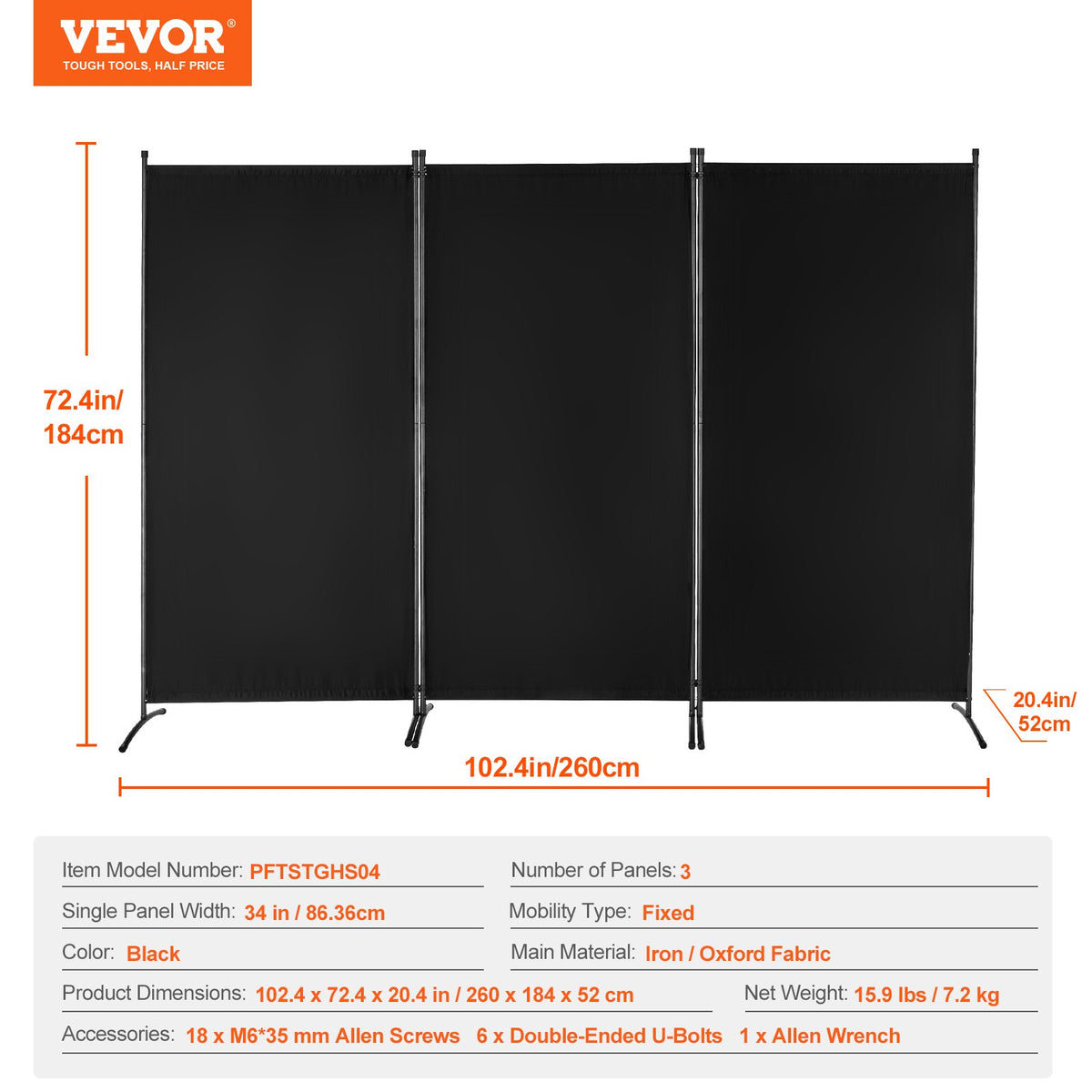 VEVOR Room Divider, 3 Panel Room Divider, Folding Privacy Screen and Portable Partition Divider for Room Separation, Freestanding Room Partitions for Office, Bedroom, Study, Black - BLFWFGQSMB34DAB0VV0 - view 8