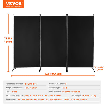 VEVOR Room Divider, 3 Panel Room Divider, Folding Privacy Screen and Portable Partition Divider for Room Separation, Freestanding Room Partitions for Office, Bedroom, Study, Black - BLFWFGQSMB34DAB0VV0 - view 8