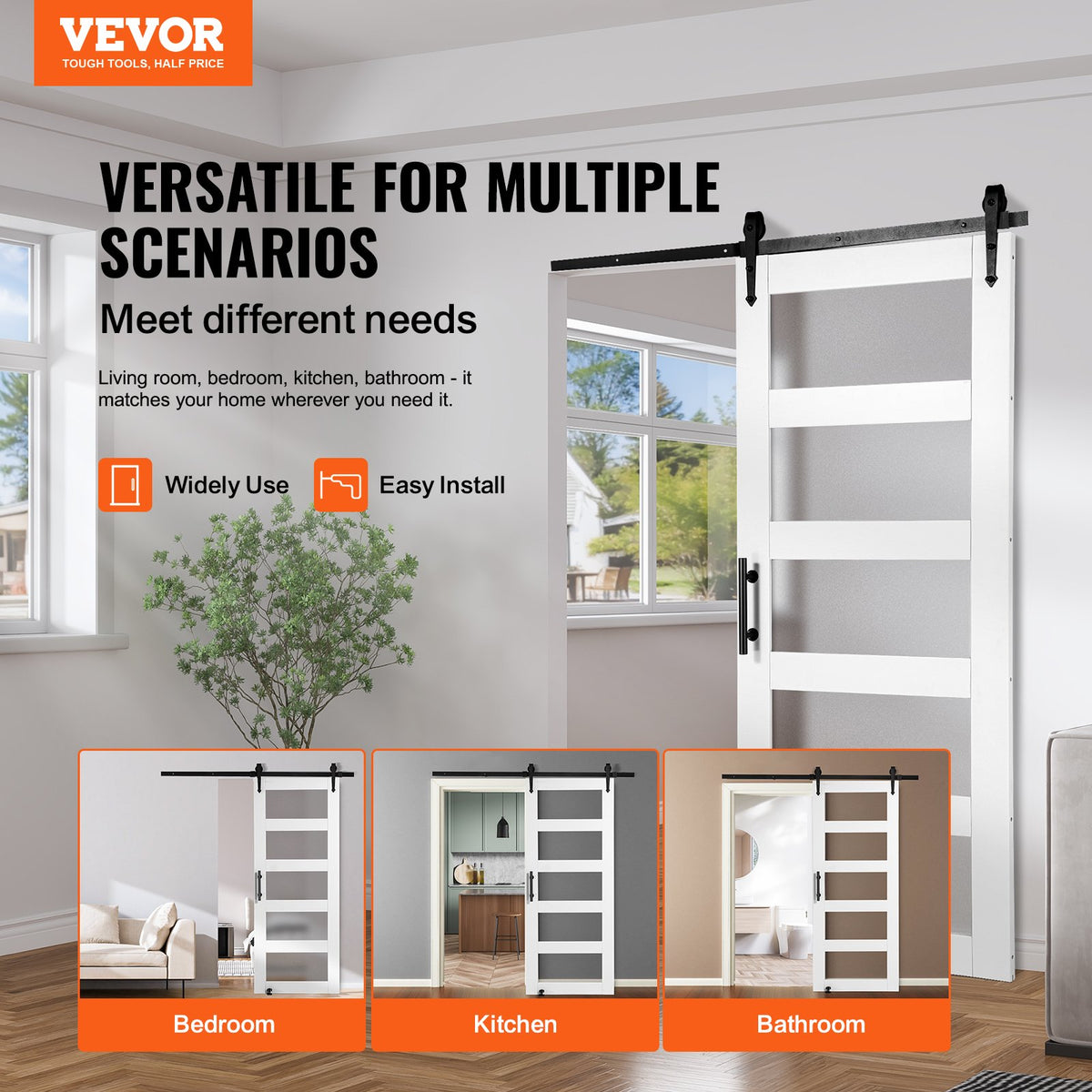 VEVOR Barn Door and Hardware Kit, 32" x 84" Wood and Glass Sliding Barn Door, Smoothly and Quietly, Barn Door Kit with 8-in-1 Floor Guide and Door Handle, Spruce Wood Slab and Frosted Glass - BLGCMTZSMMKB1JTBCV0 - view 3