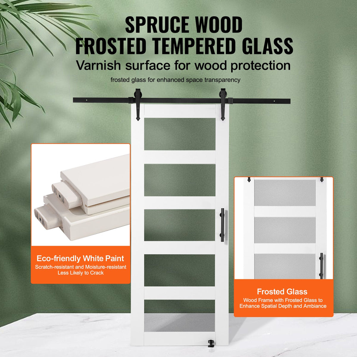 VEVOR Barn Door and Hardware Kit, 32" x 84" Wood and Glass Sliding Barn Door, Smoothly and Quietly, Barn Door Kit with 8-in-1 Floor Guide and Door Handle, Spruce Wood Slab and Frosted Glass - BLGCMTZSMMKB1JTBCV0 - view 4