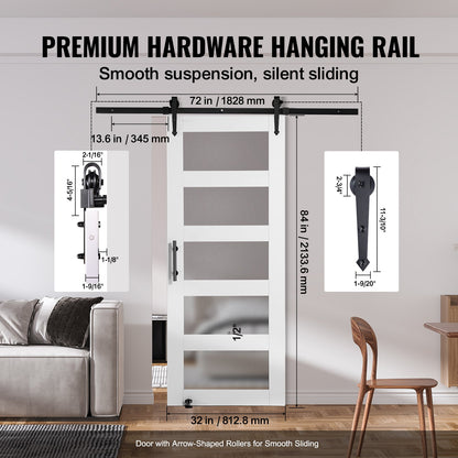 VEVOR Barn Door and Hardware Kit, 32" x 84" Wood and Glass Sliding Barn Door, Smoothly and Quietly, Barn Door Kit with 8-in-1 Floor Guide and Door Handle, Spruce Wood Slab and Frosted Glass - BLGCMTZSMMKB1JTBCV0 - view 5