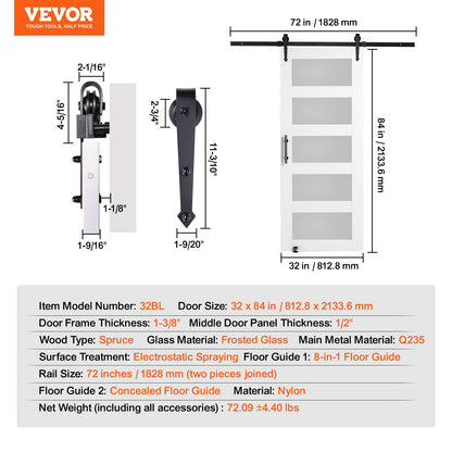 VEVOR Barn Door and Hardware Kit, 32" x 84" Wood and Glass Sliding Barn Door, Smoothly and Quietly, Barn Door Kit with 8-in-1 Floor Guide and Door Handle, Spruce Wood Slab and Frosted Glass - BLGCMTZSMMKB1JTBCV0 - view 8