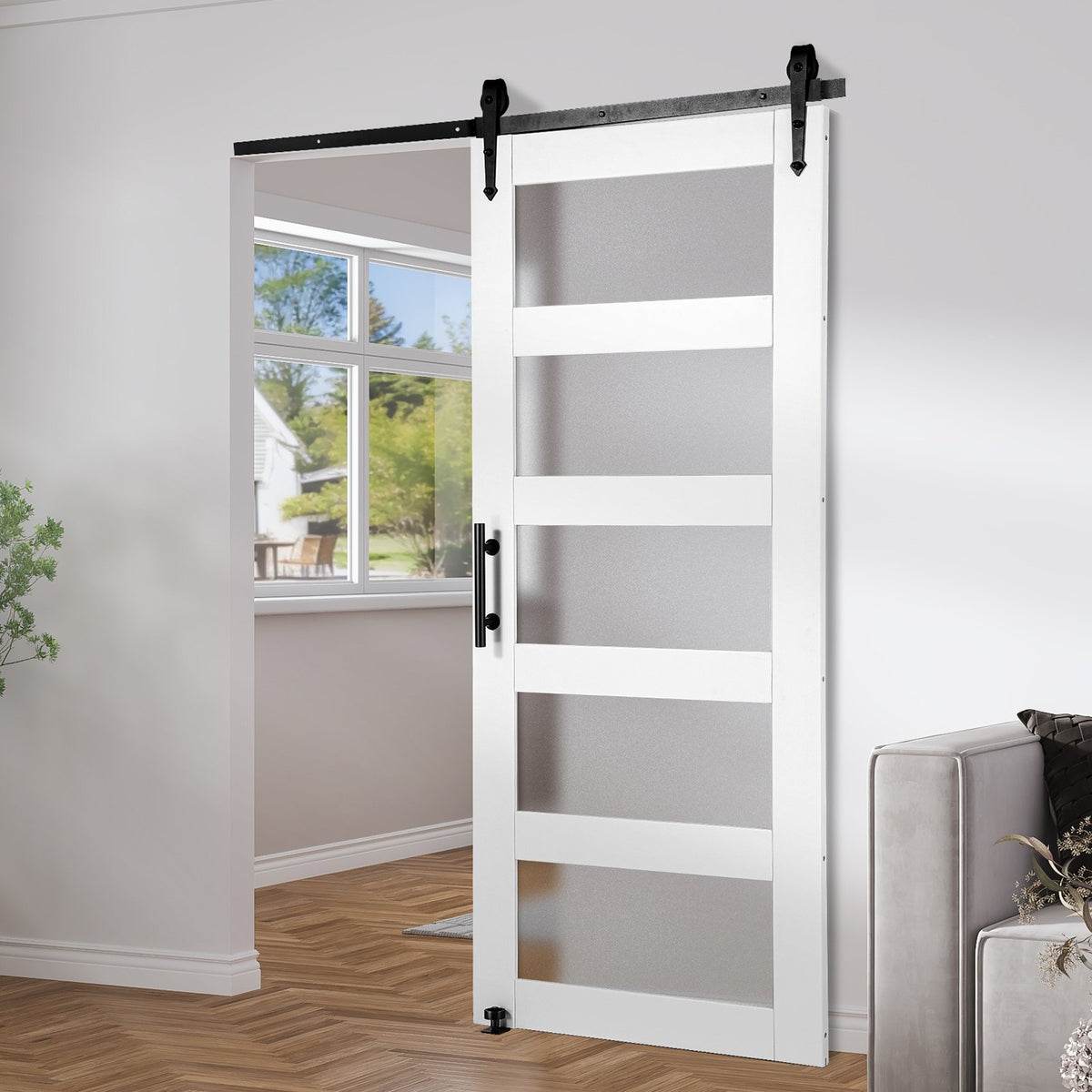 VEVOR Barn Door and Hardware Kit, 32" x 84" Wood and Glass Sliding Barn Door, Smoothly and Quietly, Barn Door Kit with 8-in-1 Floor Guide and Door Handle, Spruce Wood Slab and Frosted Glass - BLGCMTZSMMKB1JTBCV0 - view 9