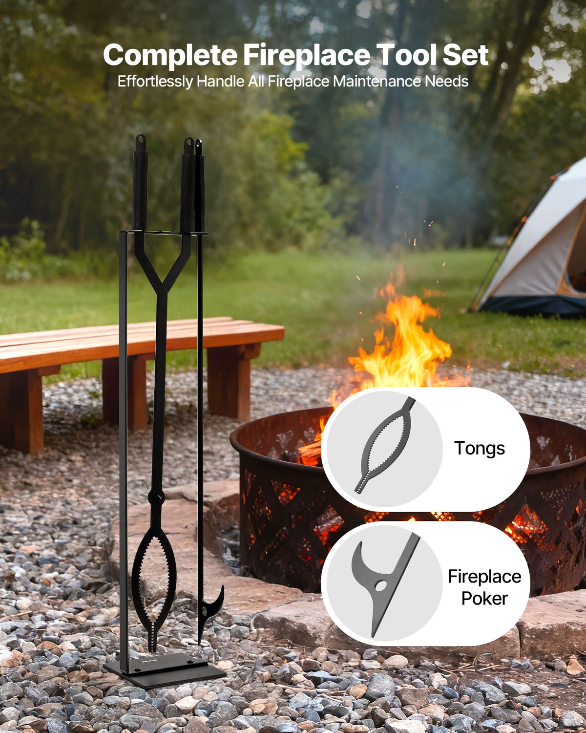 VEVOR Fireplace Tool Set, 3 PCS Fire Tool Set and Holder with Stand, Tongs, Fire Place Poker, Wrought Iron Fireplace Accessories for Campfire Backyard Bonfire Indoor/Outdoor, Black - BLGJTJ3JTCXGS1KU6001V0 - view 3