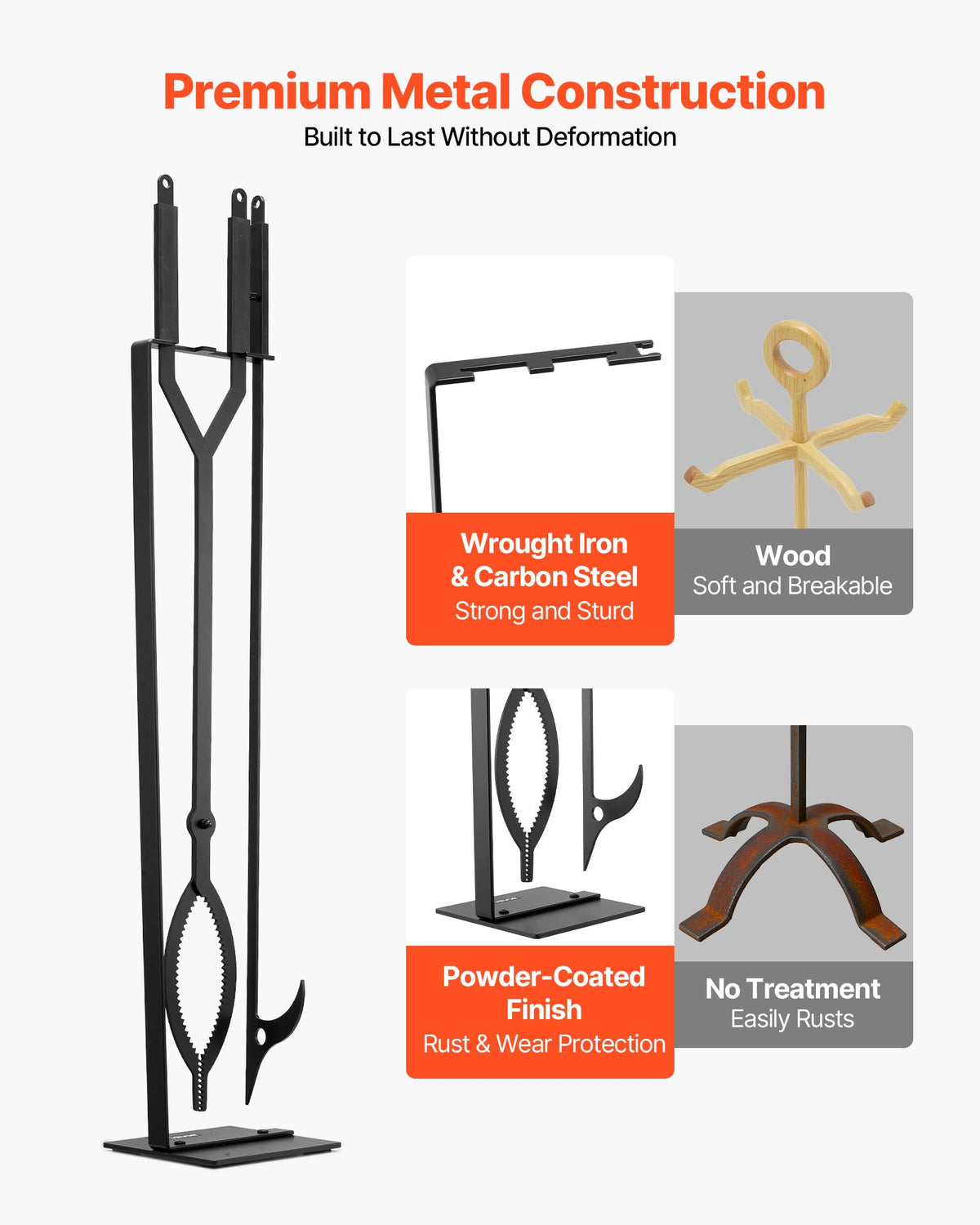 VEVOR Fireplace Tool Set, 3 PCS Fire Tool Set and Holder with Stand, Tongs, Fire Place Poker, Wrought Iron Fireplace Accessories for Campfire Backyard Bonfire Indoor/Outdoor, Black - BLGJTJ3JTCXGS1KU6001V0 - view 4