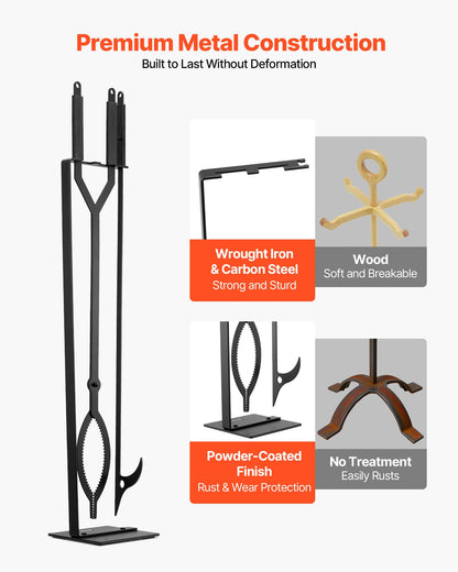 VEVOR Fireplace Tool Set, 3 PCS Fire Tool Set and Holder with Stand, Tongs, Fire Place Poker, Wrought Iron Fireplace Accessories for Campfire Backyard Bonfire Indoor/Outdoor, Black - BLGJTJ3JTCXGS1KU6001V0 - view 4