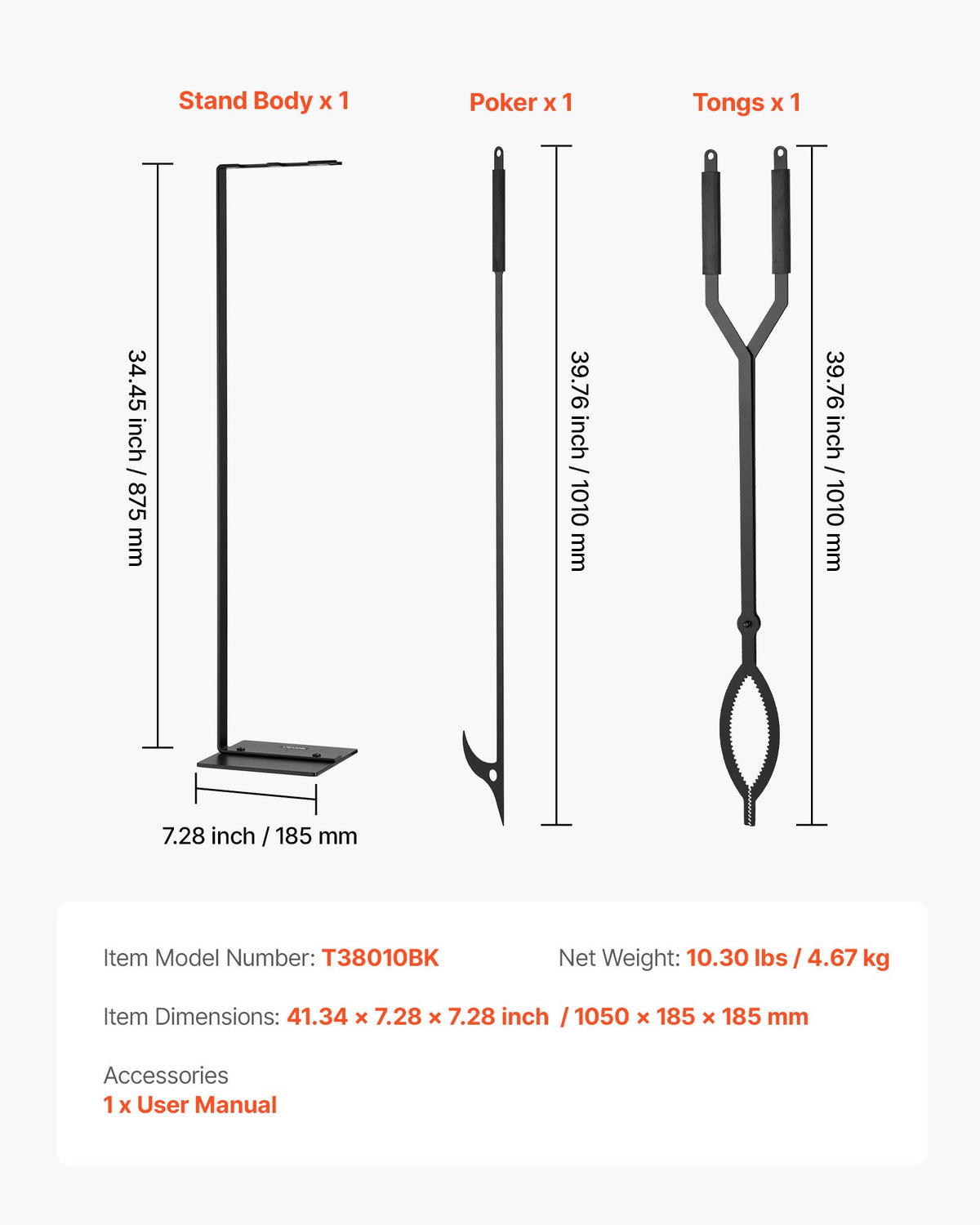VEVOR Fireplace Tool Set, 3 PCS Fire Tool Set and Holder with Stand, Tongs, Fire Place Poker, Wrought Iron Fireplace Accessories for Campfire Backyard Bonfire Indoor/Outdoor, Black - BLGJTJ3JTCXGS1KU6001V0 - view 8