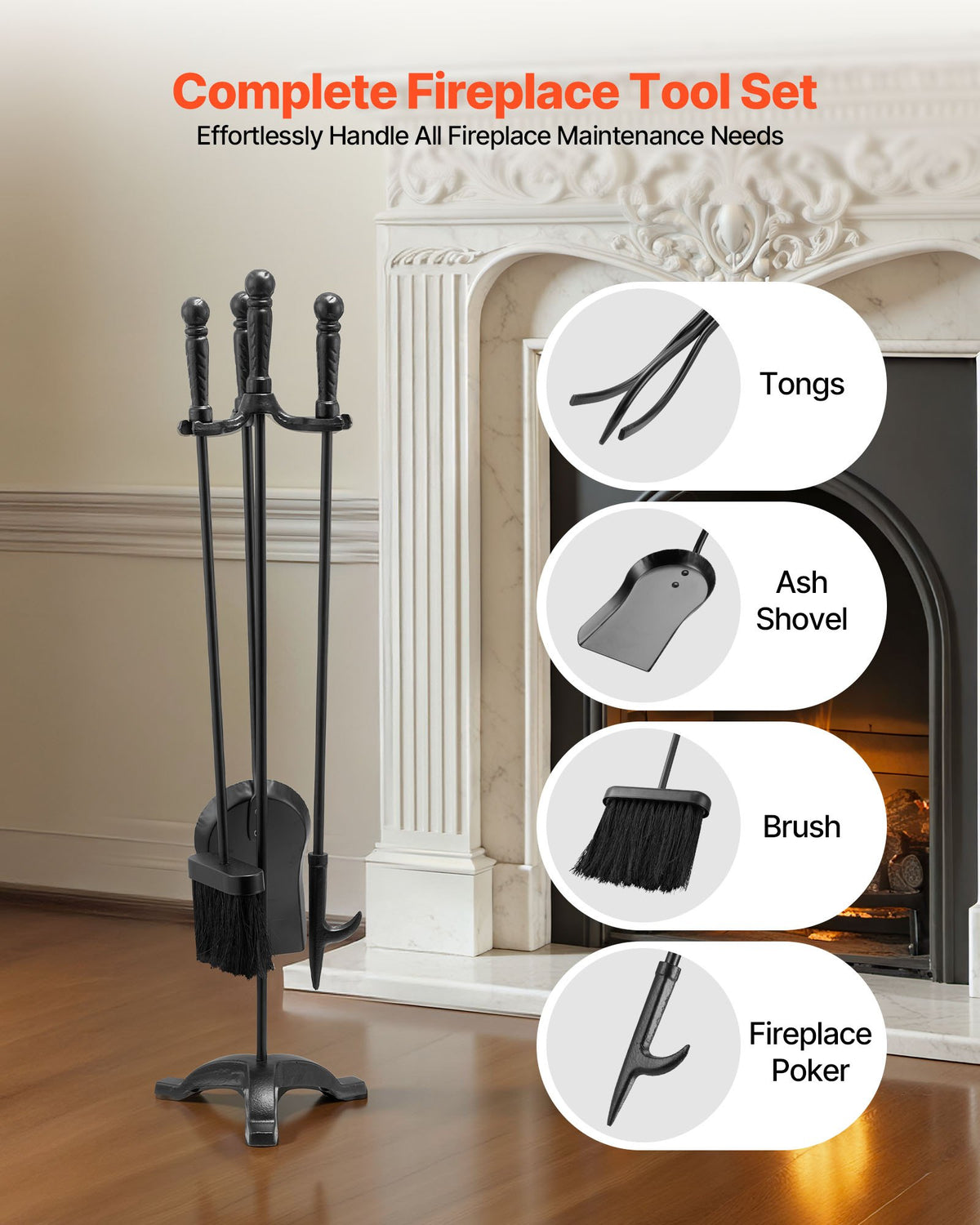VEVOR Fireplace Tool Set, 4 PCS Fire Tool Set and Holder with Three-Prong Stand, Ash Shovel, Brush, Fire Place Poker, Wrought Iron Fireplace Accessories for Campfire Indoor/Outdoor, Black - BLGJTJ4JTSZGOB6QI001V0 - view 3