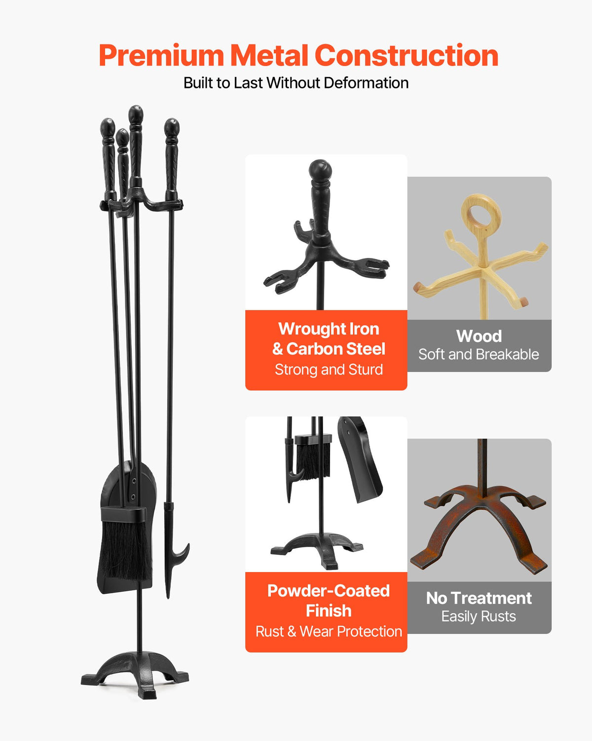 VEVOR Fireplace Tool Set, 4 PCS Fire Tool Set and Holder with Three-Prong Stand, Ash Shovel, Brush, Fire Place Poker, Wrought Iron Fireplace Accessories for Campfire Indoor/Outdoor, Black - BLGJTJ4JTSZGOB6QI001V0 - view 4