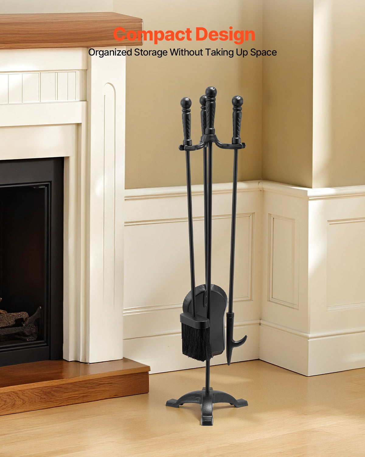 VEVOR Fireplace Tool Set, 4 PCS Fire Tool Set and Holder with Three-Prong Stand, Ash Shovel, Brush, Fire Place Poker, Wrought Iron Fireplace Accessories for Campfire Indoor/Outdoor, Black - BLGJTJ4JTSZGOB6QI001V0 - view 6