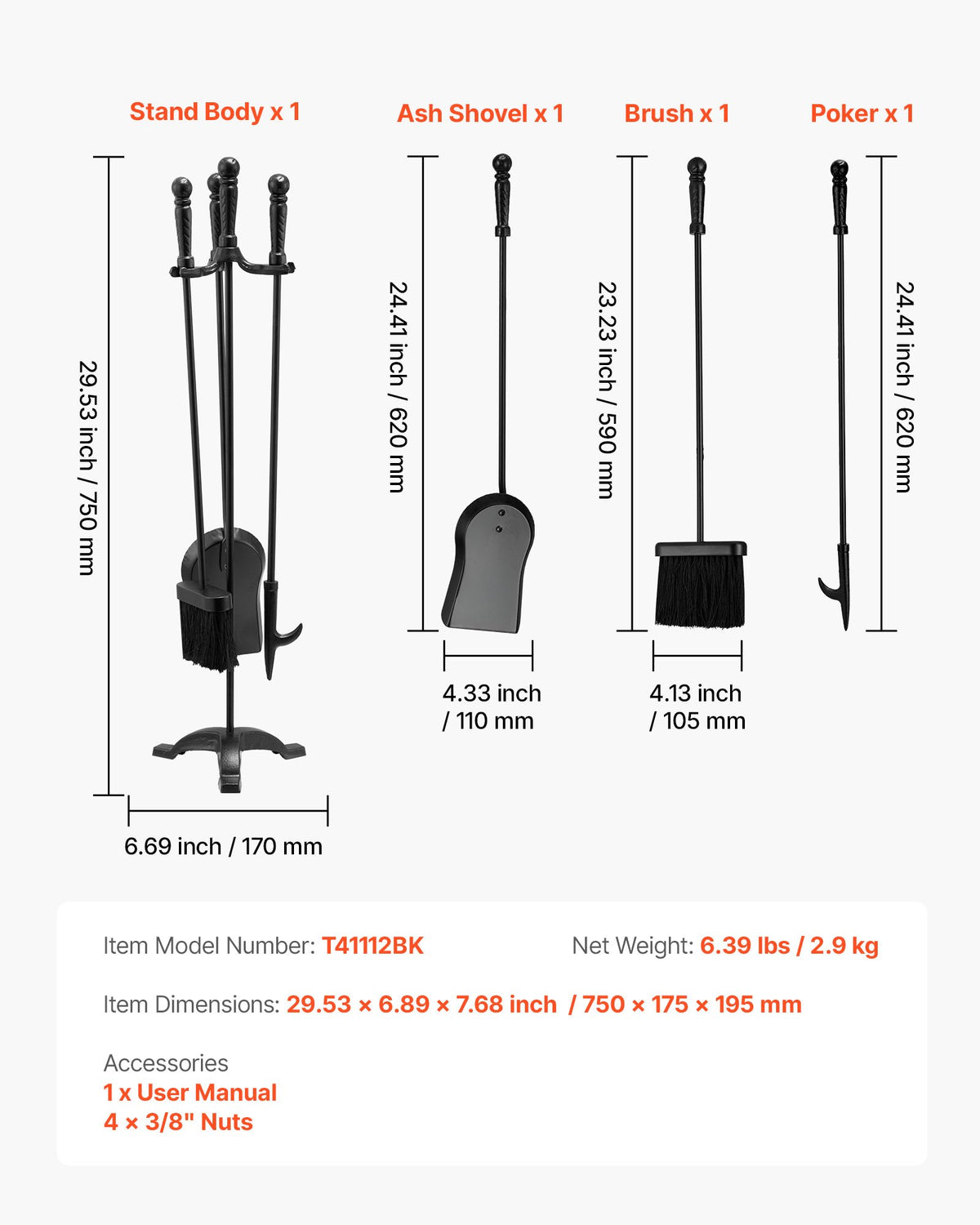VEVOR Fireplace Tool Set, 4 PCS Fire Tool Set and Holder with Three-Prong Stand, Ash Shovel, Brush, Fire Place Poker, Wrought Iron Fireplace Accessories for Campfire Indoor/Outdoor, Black - BLGJTJ4JTSZGOB6QI001V0 - view 8