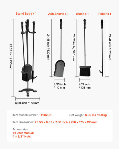 VEVOR Fireplace Tool Set, 4 PCS Fire Tool Set and Holder with Three-Prong Stand, Ash Shovel, Brush, Fire Place Poker, Wrought Iron Fireplace Accessories for Campfire Indoor/Outdoor, Black - BLGJTJ4JTSZGOB6QI001V0 - view 8