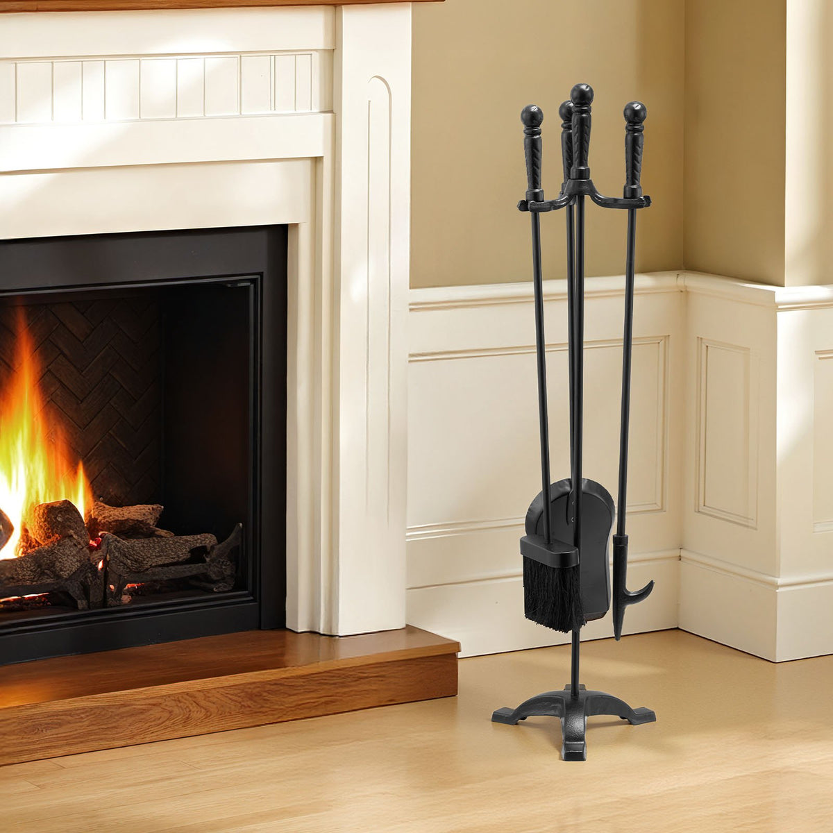 VEVOR Fireplace Tool Set, 4 PCS Fire Tool Set and Holder with Three-Prong Stand, Ash Shovel, Brush, Fire Place Poker, Wrought Iron Fireplace Accessories for Campfire Indoor/Outdoor, Black - BLGJTJ4JTSZGOB6QI001V0 - view 9