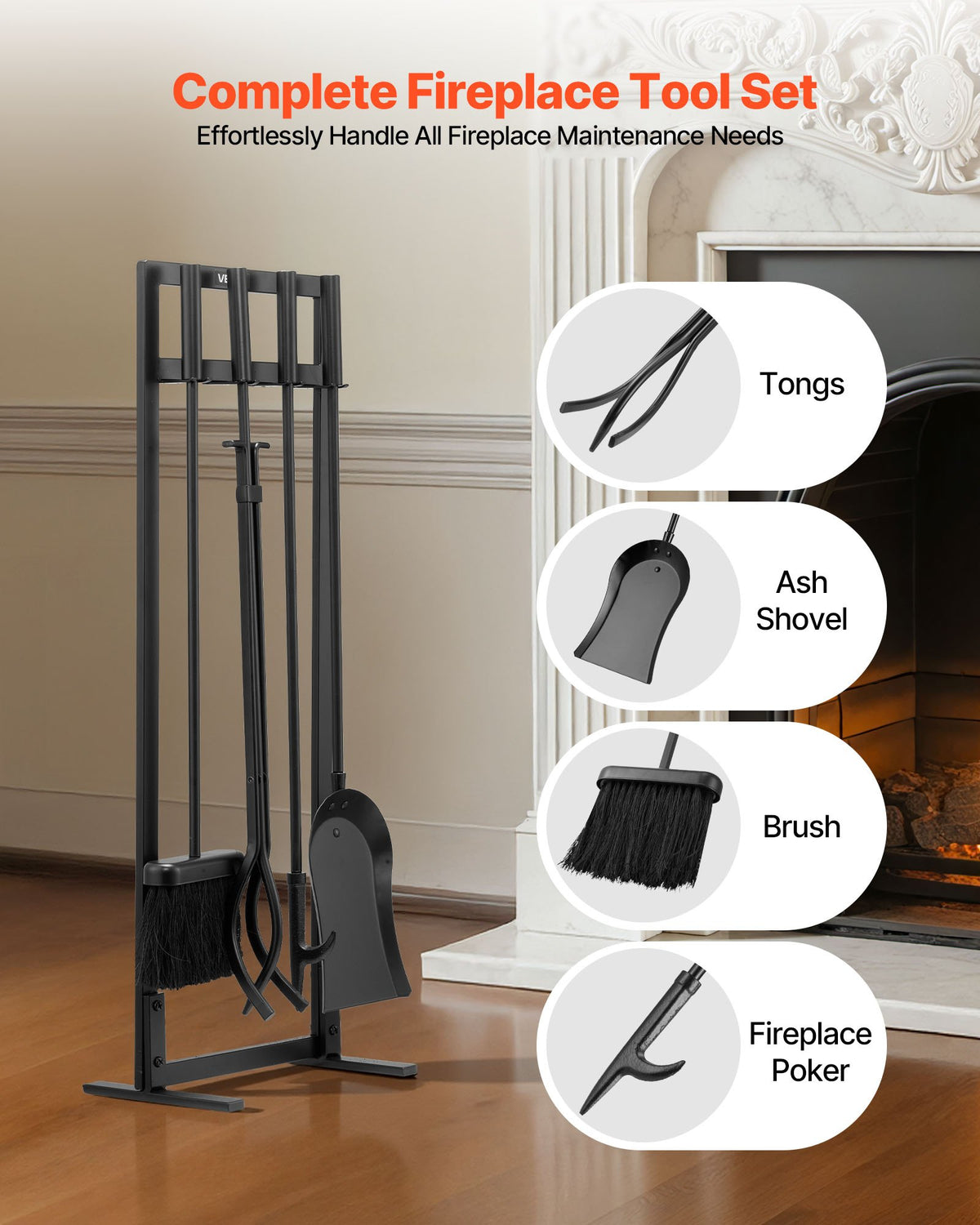 VEVOR Fireplace Tool Set, 5 PCS Fire Tool Set and Holder with Square-Frame Stand, Tongs, Ash Shovel, Brush, Fire Place Poker, Wrought Iron Steel Fireplace Accessories for Indoor/Outdoor, Black - BLGJTJ5JTFKGGFSK1001V0 - view 3