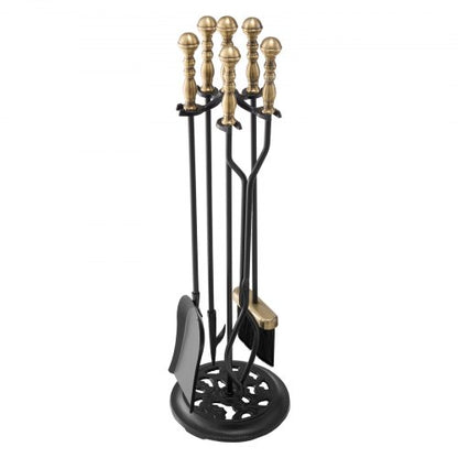 VEVOR Fireplace Tool Set, 5 PCS Fire Tool Set and Holder with Five-Prong Stand, Tongs, Ash Shovel, Brush, Fire Place Poker, Wrought Iron Fireplace Accessories for Indoor/Outdoor, Black & Brass - BLGJTJ5JTWZGPZ6MX001V0 - view 2