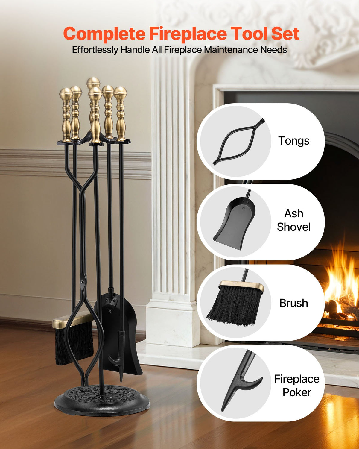 VEVOR Fireplace Tool Set, 5 PCS Fire Tool Set and Holder with Five-Prong Stand, Tongs, Ash Shovel, Brush, Fire Place Poker, Wrought Iron Fireplace Accessories for Indoor/Outdoor, Black & Brass - BLGJTJ5JTWZGPZ6MX001V0 - view 3