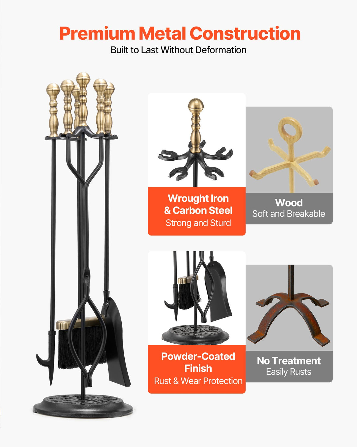 VEVOR Fireplace Tool Set, 5 PCS Fire Tool Set and Holder with Five-Prong Stand, Tongs, Ash Shovel, Brush, Fire Place Poker, Wrought Iron Fireplace Accessories for Indoor/Outdoor, Black & Brass - BLGJTJ5JTWZGPZ6MX001V0 - view 4
